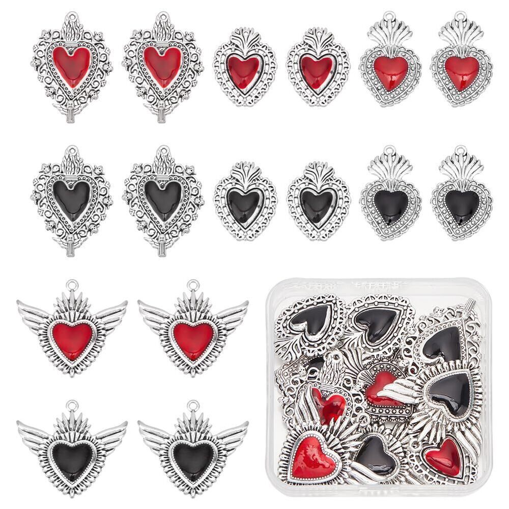 8017 16Pcs 4 Styles 2 Colors Heart Charm Antique Silver Sacred Heart Charm